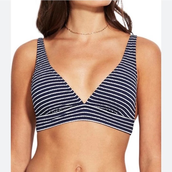 NWT Seafolly Longline Triangle Bikini top in Navy Seaside Stripe - Picture 1 of 8